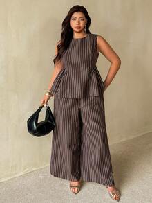 Auralis Plus Size Women's Round Neck Chocolate Brown Top And Long Pants Casual Elegant Daily 2 Pieces Set Office Formal Outfits For Work Summer Teachers' Day - Coffee Brown - View 6