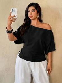 Auralis Plus Size Spring/Summer New Versatile Minimalist Commuter Asymmetric Batwing Sleeve Ruched Waist Fitted Pullover Blouse - Black - View 5