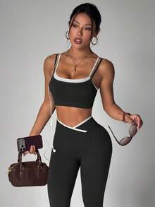 SHEIN Sports 無縫高彈力女款健身休閒日常運動收腰提臀套裝 - 黑色 - 查看 1