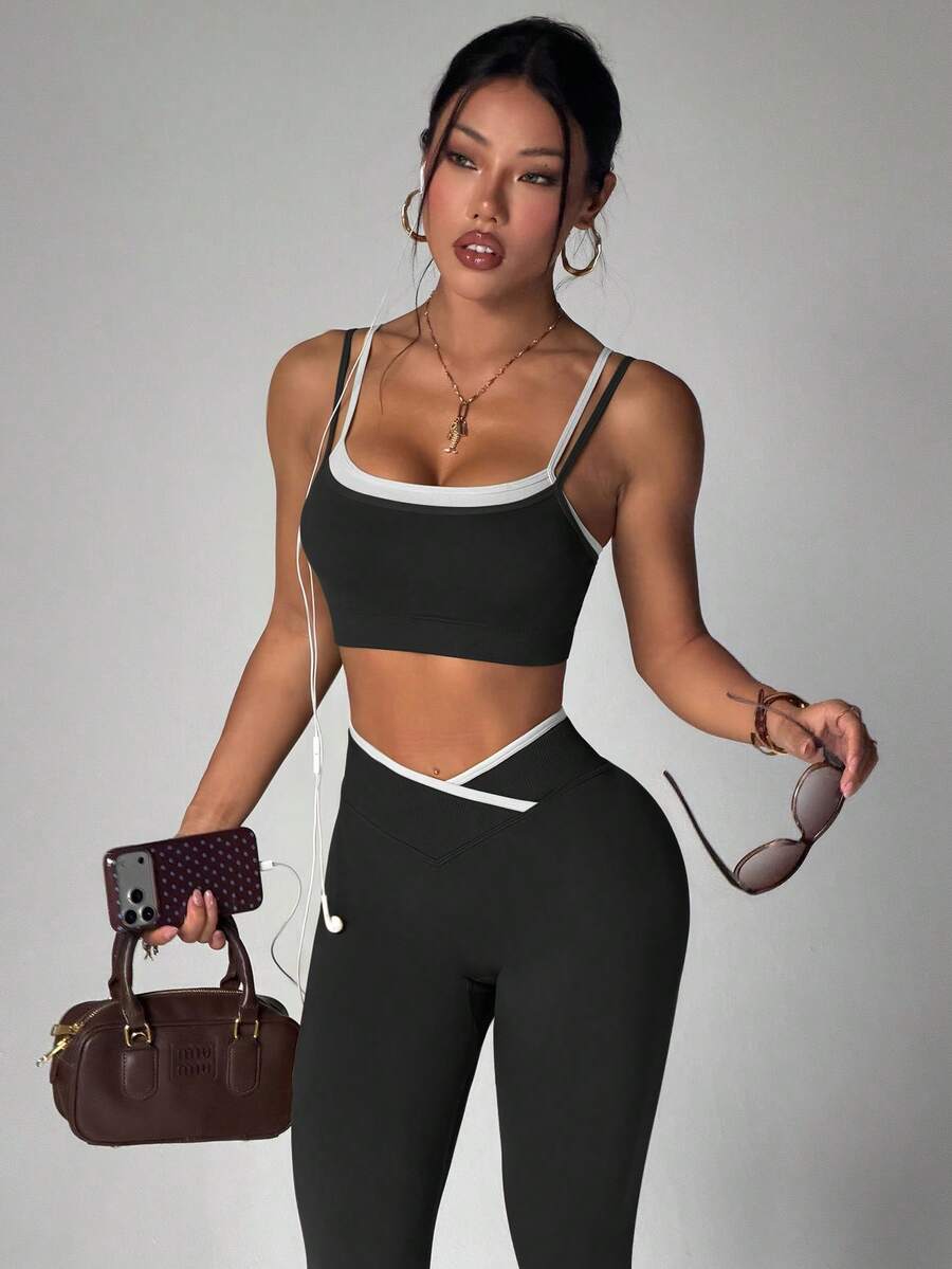 SHEIN Sports 無縫高彈力女款健身休閒日常運動收腰提臀套裝 - 黑色 - 查看 1