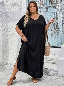 SHEIN CURVE+ 大码女装纯色休闲派对旅行连衣裙 大码女装 8XL 女装 大码女装连衣裙 宽松连衣裙 大码夏季服装 8XL 连衣裙 黑色长款连衣裙 大码女装夏季服装 - 黑色 - 查看 7