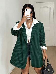 Maweii Plus Size Fashion Commuter Striped Jacket - Dark Green - View 1