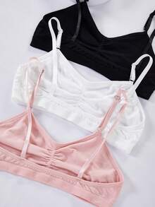 Teen Girl Solid Color Pleated Casual Daily Adjustable Strap Bra - Multicolor - View 5