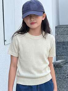 Dazy Kids 少女簡單百搭圓領短袖針織上衣 - 米色 - 查看 7