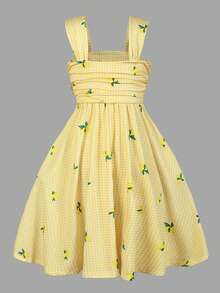 Girls' Patterned Fruit Cherry Digital Print Camisole Dress, Wide Strap, Comfortable Ruched Cute Outerwear, Summer Bestseller New Arrival, Sleeveless Midi Length, Premium Elegant Ball Casual - Yellow - View 2