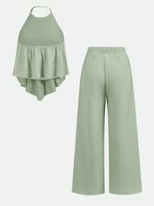 SHEIN Ensemble 2 pièces débardeur à col licou ample + pantalon long pour adolescentes, décontracté, à la mode, polyvalent, fête, streetwear, séance photo entre sœurs, sortie au parc, camping, vacances, décontracté quotidien - Vert - Voir 2