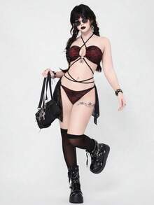 ROMWE Women's Gothic Goth Dark Style Backless Criss-Cross Spider Web Textudark Red Fabric Halter Bikini 3-Piece Swimwear Set, Autumn Beach Party - Burgundy - View 4