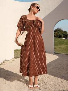 Juhart Plus Size Women's Elegant Romantic L'amoure Square Neck Short Sleeve Cinched Waist A-Line Long Dress, Summer Brunch Party Geometric Polka Dot Brown - Rust Brown - View 5