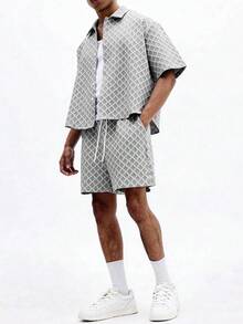 SUMWON 灰色菱格纹两件套短袖衬衫短裤夏季休闲家居服 - 淺灰色 - 查看 1