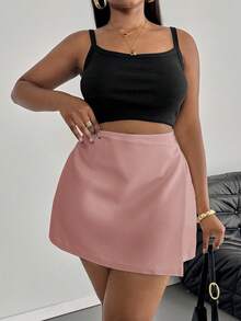 SHEIN PETITE CURVE Plus Size Women's Solid Color Asymmetric Hem Fashion Skirt - Pink - View 6