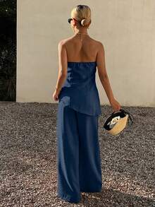 Livesso Summer Holiday Outfit Blue Bandeau Solid Color Waist-Defining Top Loose Long Pants Women 2 Pieces Set - Navy Blue - View 2