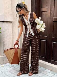 Serisse Women's Summer Elegant Lace Patchwork Polka Dot Print Tank Top & Long Pants 2 Pieces Set - Multicolor - View 1
