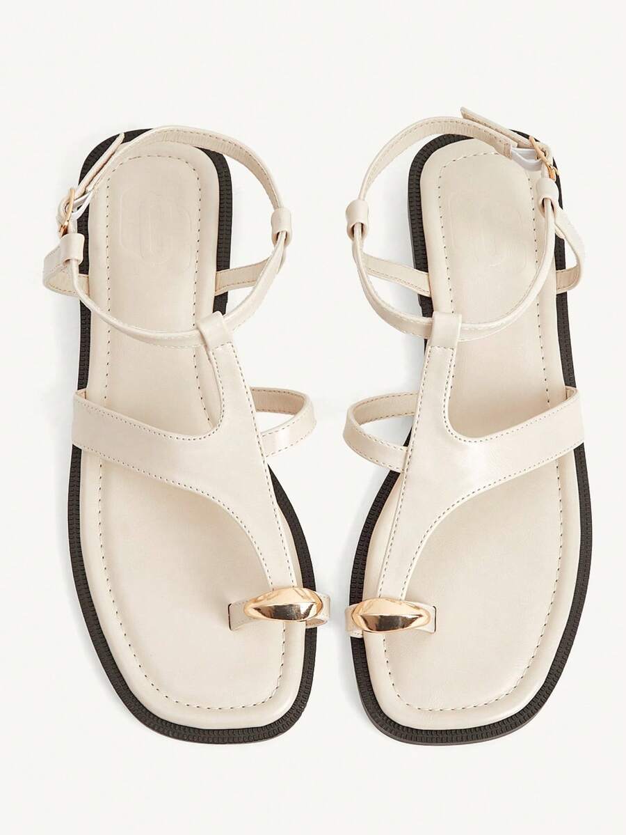CUCCOO CHICEST 女鞋,金屬扣飾,方頭,羅馬鞋,休閒百搭,軟底,沙灘,露趾交叉平底涼鞋 - 米色 - 查看 1