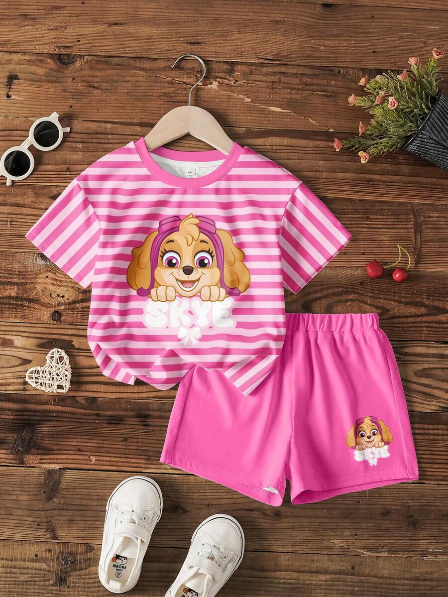 SHEIN | PAW Patrol 2 Stücke/Set Mädchen Gestreiftes & Cartoon Muster Kurzarm T-Shirt und Shorts Set - Weiss - View 1