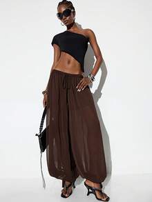 Aveloria GENKIRA Pantalon long femme en mousseline légère couleur café unicolore, style bohème de luxe pour vacances, taille basse, transparent et sexy, design à poignets avec lien, pantalon lanterne ballon, minimaliste avant-gardiste, cool moderne Y2K, polyvalent pour le trajet, décontracté et soirée - Marron - Voir 6