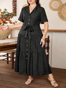 Lacomfia Elegant Waist-Defining Short Sleeve Split A-Line Plus Size Dress, Suitable For All Occasions In Spring And Summer - Black - View 4