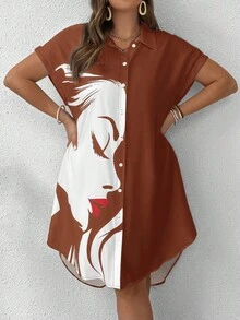 SHEIN LUNE Shirt Style Portrait Red Lips Side Profile Button Short Sleeve Collar Contrast Color Plus Size Dress - Brown - View 1