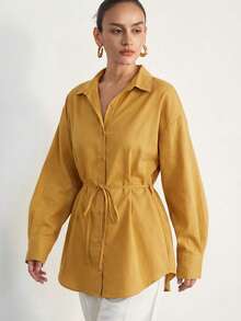 Aveloria Modichic Camisa de manga larga para mujer de estilo safari a rayas, corte holgado con drapeado, casual para ir al trabajo, con cuello abatible, cuello de pie, cinturón, de largo medio, nueva para otoño/invierno - Amarillo - Ver 4