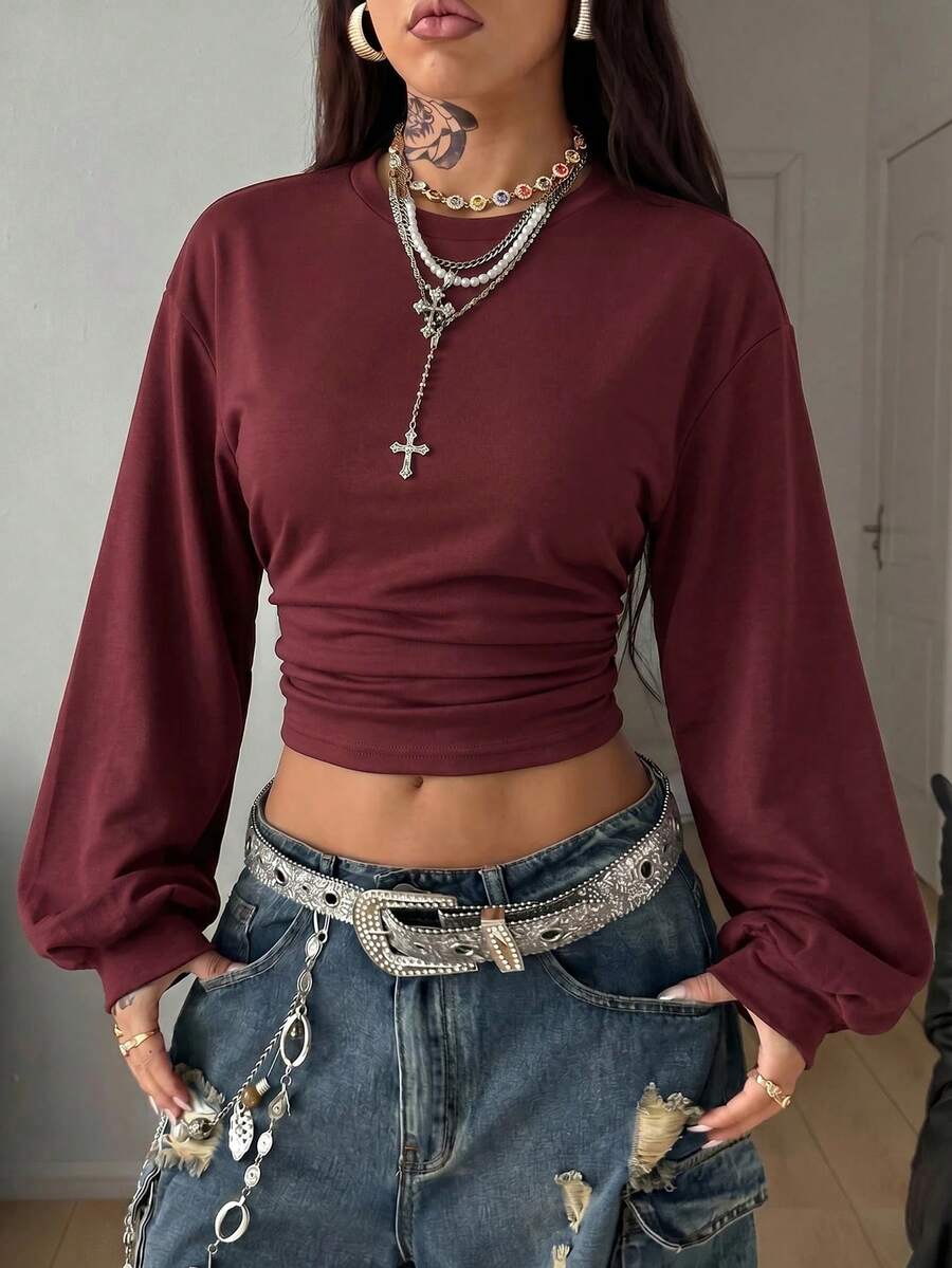 Coolane Women's Summer/ Back To School Everyday Basic Solid Color Pleated Asymmetrical Neck Long Sleeve Pullover Burgundy Sweatshirt Grunge - Burgundy - View 1