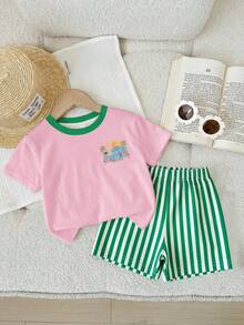 SHEIN Baby Girl Casual Simple Round Neck Loose Short Sleeve T-Shirt And Tight Biker Shorts Set, Suitable For Spring And Summer - Multicolor - View 2