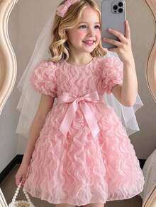 SHEIN Glamorique Kids 少女粉色花瓣袖波浪优雅连衣裙，配腰带，适合派对、宴会和夏季穿着 - 杏色 - 查看 7
