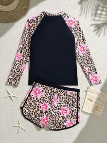 SHEIN Teen Long Sleeve Sun Protection Tropical Leopard Print Iris Floral Swimsuit Set, Suitable For Summer Beach Vacation, Holiday, Swimming, Party, Pool - Multicolor - View 2