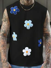 Devon Thys 男士针织花卉刺绣无袖休闲上衣，适合夏季穿着。男士花卉衬衫，无袖花卉T恤，男士花卉上衣，男士无袖图案T恤，男士图案T恤，男士无袖上衣 - 黑色 - 查看 1