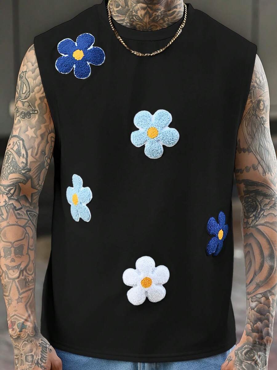 Devon Thys 男士针织花卉刺绣无袖休闲上衣,适合夏季穿着。男士花卉衬衫,无袖花卉T恤,男士花卉上衣,男士无袖图案T恤,男士图案T恤,男士无袖上衣 - 黑色 - 查看 1