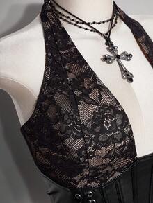 SHEIN ICON 大尺碼女款性感蕾絲拼接露背掛脖上衣，適合夏季 - 黑色 - 查看 9