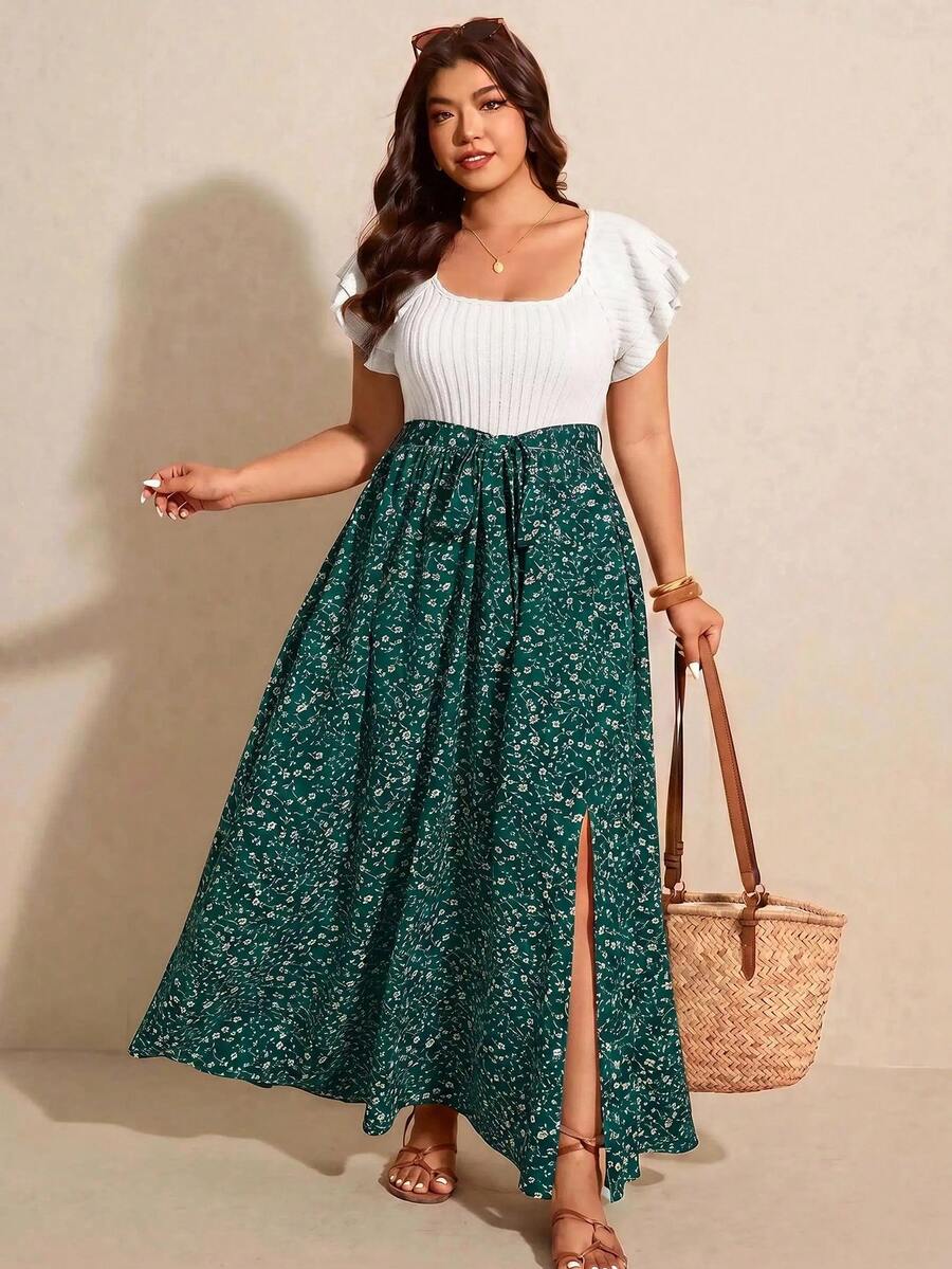 Elaquor Women's Plus Size Ruffle Sleeve High Waist Side Slit Dress - Dark Green - View 1