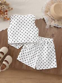 SHEIN Playful Pals 兒童波點無袖套裝，精緻時尚背心 + 短褲，簡約百搭，適合春夏季家庭聚會與出遊 - 白色 - 查看 3