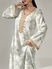 SHEIN Najma 女款花卉印花鉤編拼接長袖洋裝，端莊優雅A字版卡夫坦 & 賈拉比亞長裙，適用於晚宴/婚禮賓客/週年紀念/日常穿著 - 薄荷綠 - 查看 6