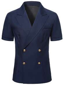 Manfinity Mode Men's Lapel Short Sleeve Double-Breasted Placket Solid Color Blazer, Ceremony - Navy Blue - View 5