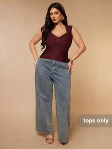 SHEIN BAE CURVE Plus Size Women's Burgundy Bandage Top, Summer Outfits, Independence Day, 4th Of July, Elegant, Bandage Top - Burgundy - View 5