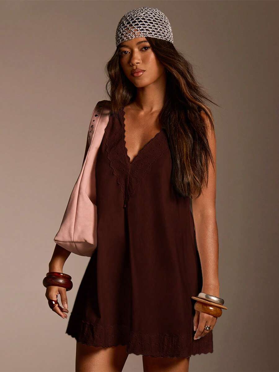 Athîral Women's V-Neck Solid Color Lace Trim Mini Dress - Brown - View 1