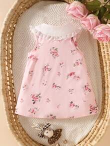 SHEIN Infant Girls'Cute Summer Light Pink Rose Embroidered Lace Collar Sleeveless A-Line Dress Soft Fabric Infant Dress For Party Cruise Photography 0-12M - Pink - View 4