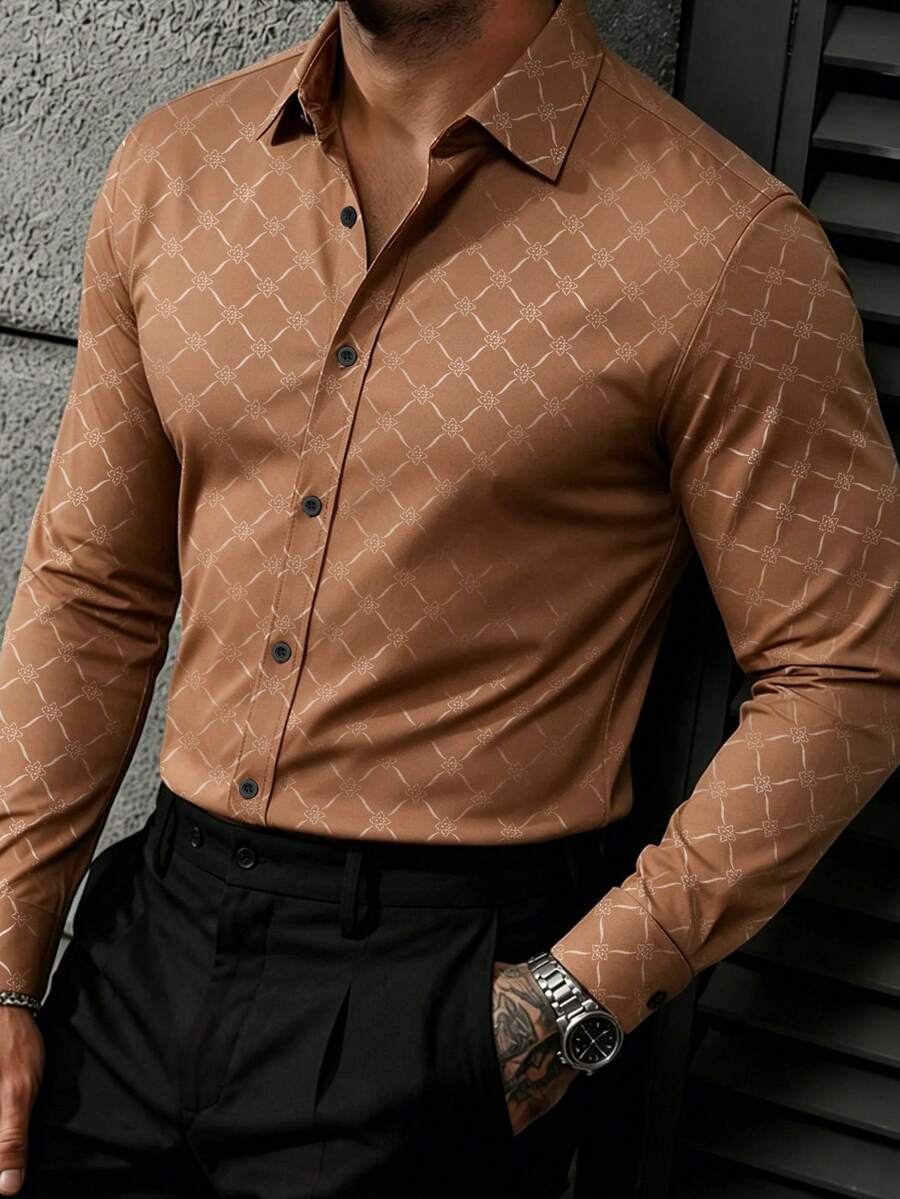 Manfinity Mode Camisa de vestir formal de negocios para hombre con botones, manga larga, ajuste ceñido, camisa de manga larga para hombre, otoño, ceremonia - Café integral - Ver 1
