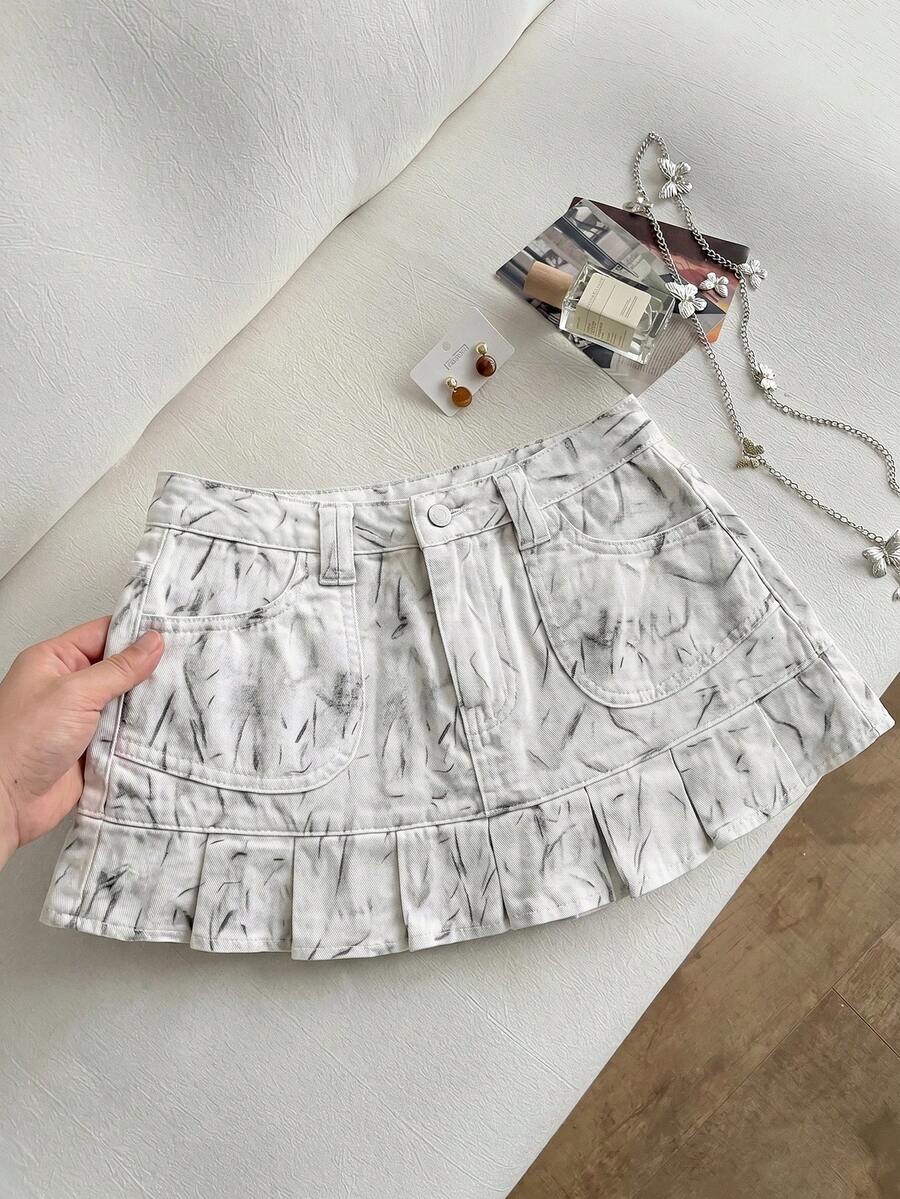 Rivivi 女款夏季Y2k時尚街頭風日常通勤滿版印花百褶下擺牛仔裙 - 白色 - 查看 1