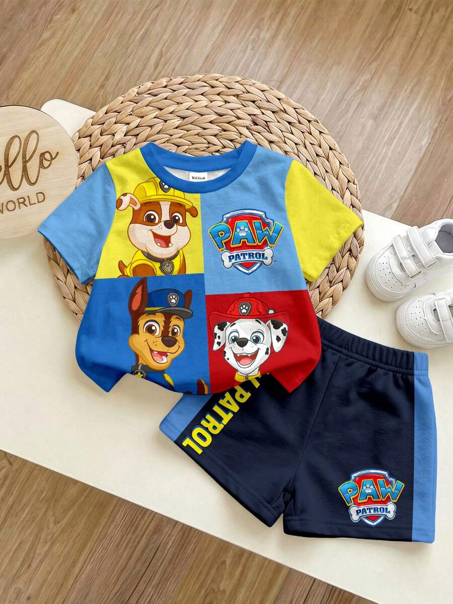 SHEIN | PAW Patrol 男嬰休閒簡約款,柔軟舒適,經典可愛卡通動畫圖案印花,可愛小狗圓領短袖T恤與短褲2件套,適合春夏季 - 彩色 - 查看 1
