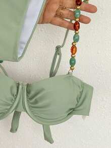Swim Chiccia 2026 New Women's Summer Beach Vacation Elegant Beaded Decor Pleated Underwire  Sage Green Backless Bikini Swimsuit Set - Green - View 4