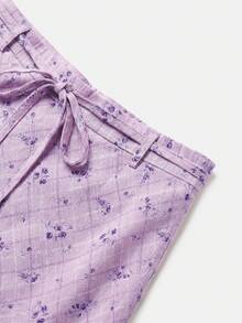 lacRébo Falda midi de rayas lilas con estampado floral y delicado lazo en la cintura, falda casual de negocios para vacaciones de verano - Lila Púrpura - Ver 9