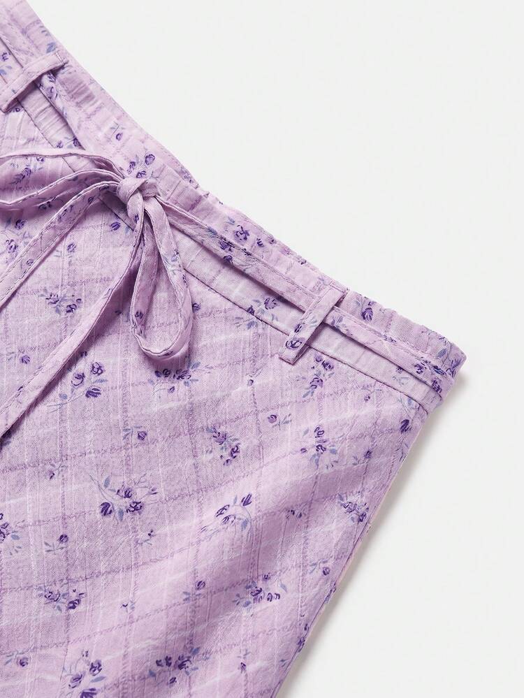 Lilac Striped Floral Midi Skirt With Delicate Tie Waist Summer Holiday Business Casual Skirt