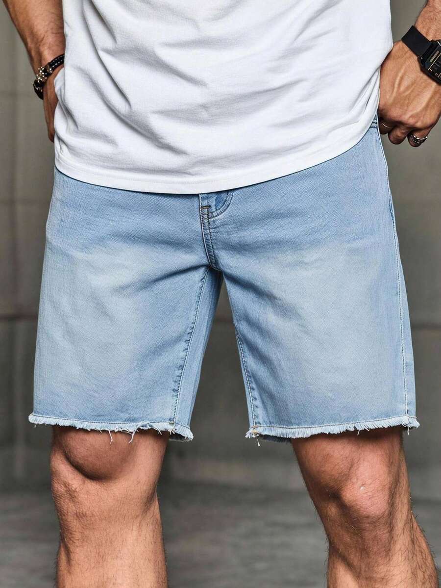 Manfinity Denimwave 男士淺藍色復古水洗牛仔休閒直筒短褲 - 淺色水洗藍 - 查看 1