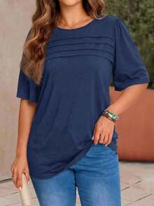 EMERY ROSE Plus Size Women's Round Neck Short Sleeve Solid Color T-Shirt - Navy Blue - View 3