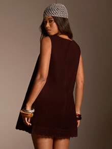 Athîral Women's V-Neck Solid Color Lace Trim Mini Dress - Brown - View 5