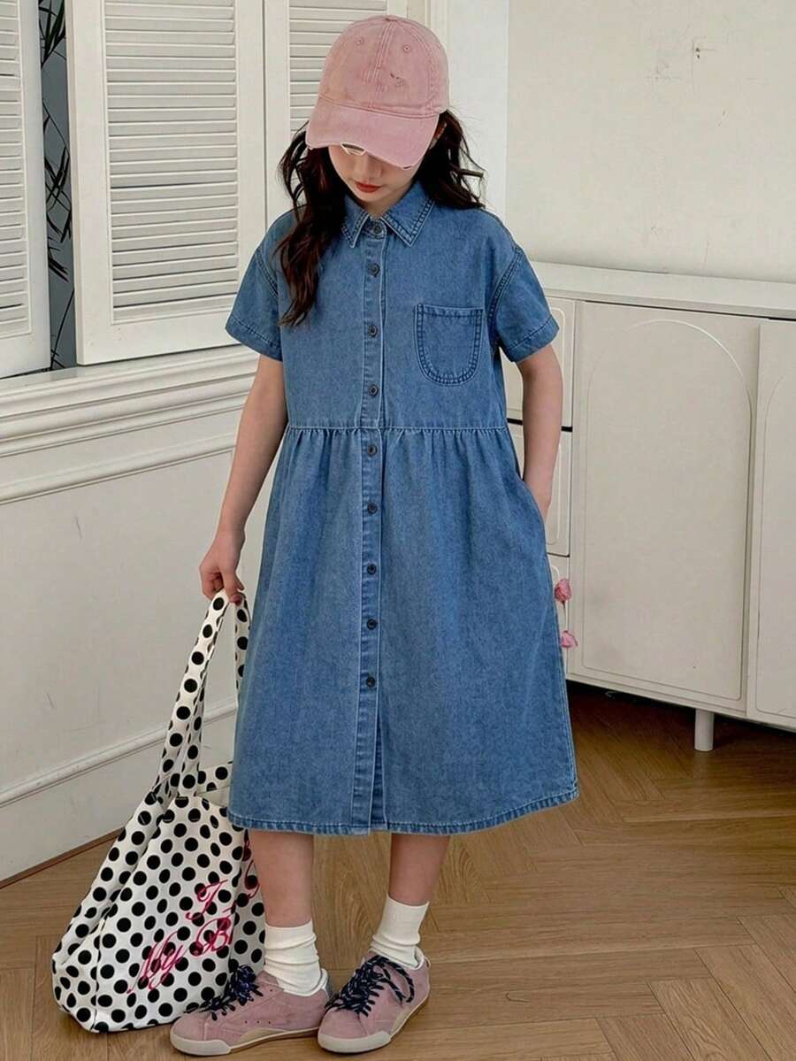 DAZY 青少年女孩秋季服飾 翻領口袋裝飾短袖牛仔洋裝 - 中等水洗藍 - 查看 1