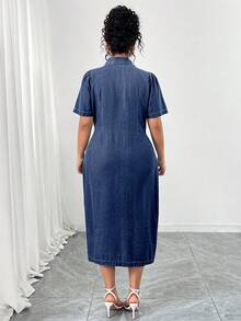 Elenzga Vestido de moda elegante de talla grande con color claro lavado - Azul lavado medio - Ver 2