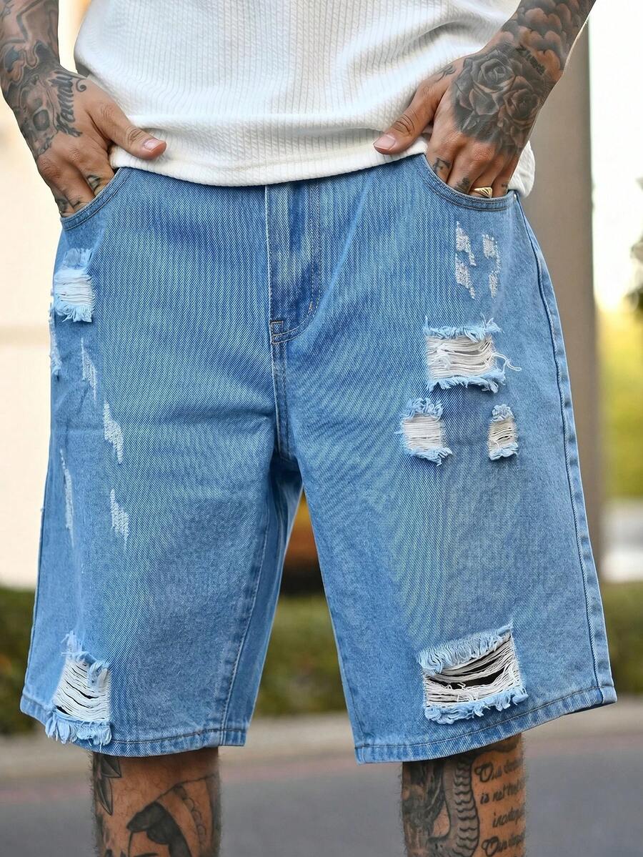 Devon Thys Pantalones cortos vaqueros azules rectos y rotos de estilo casual para hombre, moda callejera para primavera/verano - Azul lavado medio - Ver 1