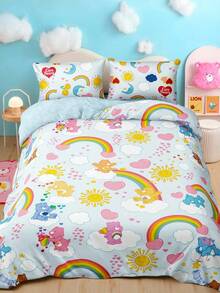 SHEIN X Care Bears 3Pc Blue Rainbow Cloud Cute Printed Quilt Set, Sanded Material, Soft And Warm, Multiple Sizes, Suitable For Single Bed/Double Bed/Queen Bed/King Bed, Machine Washable - Multicolor 1 - View 4