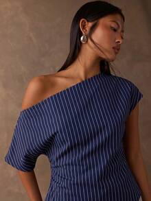 SHEIN BAE 女款條紋不對稱領口抓皺不對稱下擺T恤 - 藍白色 - 查看 3